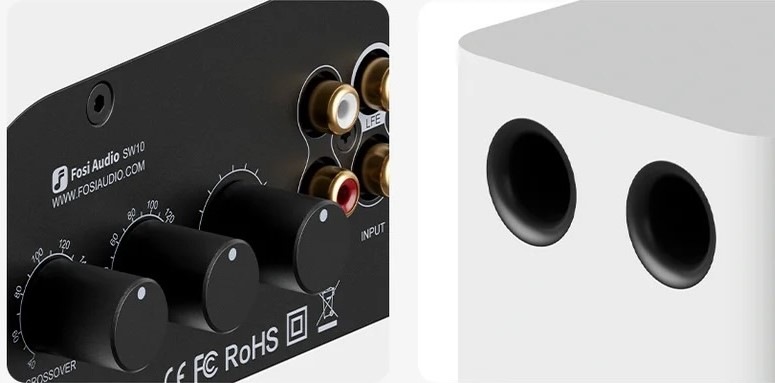 Pohled na ovládací prvky a vstupy či výstupy Subwooferu Fosi Audio SW10.
