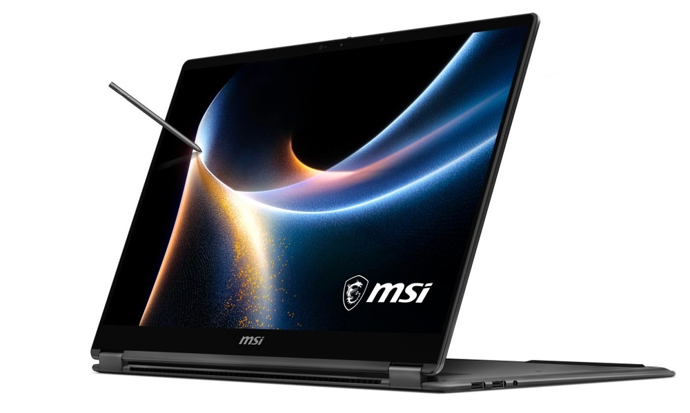 Notebook MSI Prestige 16 Flip AI+ C3MTG-262CZ černý Notebook MSI Prestige 16 Flip AI+ C3MTG-262CZ v pozici pro prezentaci s perem