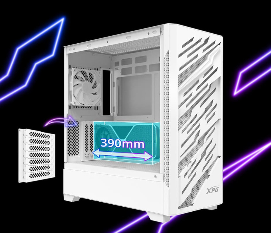 Case ADATA XPG Starker Air BTF bílá ADATA XPG Starker Air BTF umožňuje osadit grafické karty o délce až 390 mm