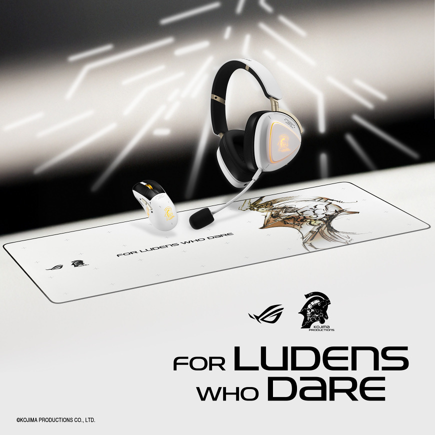 Headset Asus ROG Delta II-KJP bílý Herní headset Asus ROG Delta II-KJP položený vedle herní myši na podložce s grafikou Kojima Productions