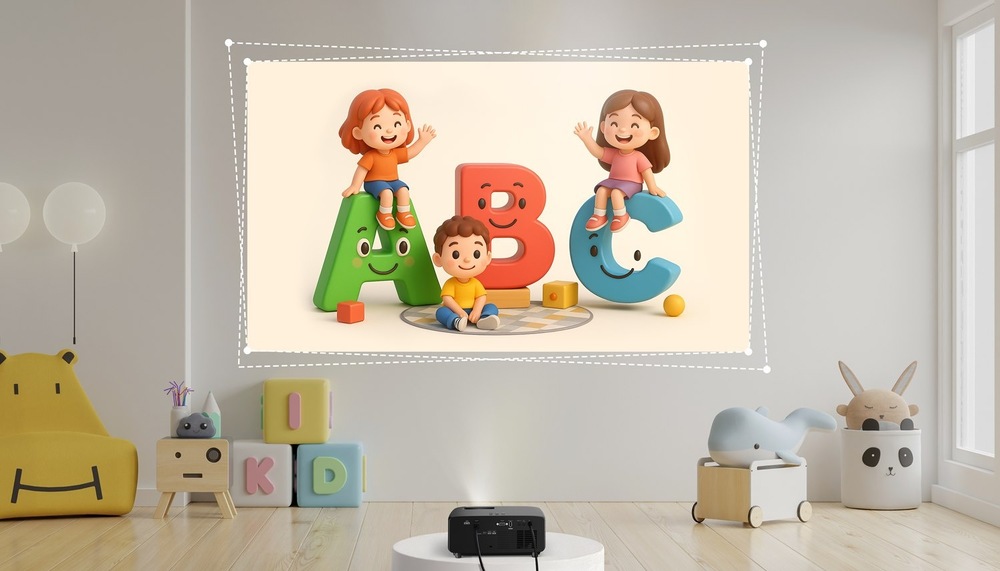 Projektor Optoma Photon Beam PK52 černý Ilustrace automatické korekce zkreslení v projektoru Optoma Photon Beam PK52