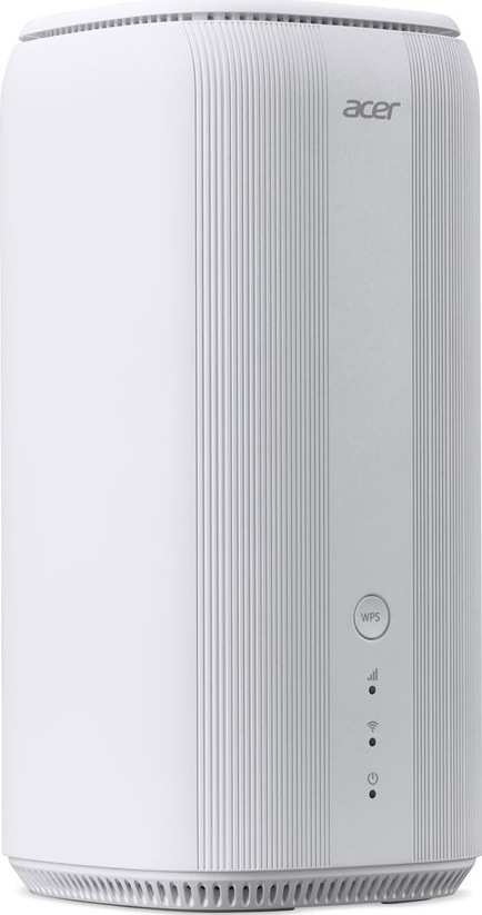 Router Acer Connect X6E 5G CPE Router 5G + Wifi 6E Bílý router Acer Connect X6E z šikmého pohledu, s oblými hranami, větracími otvory, tlačítkem WPS a stavovými kontrolkami vpředu.