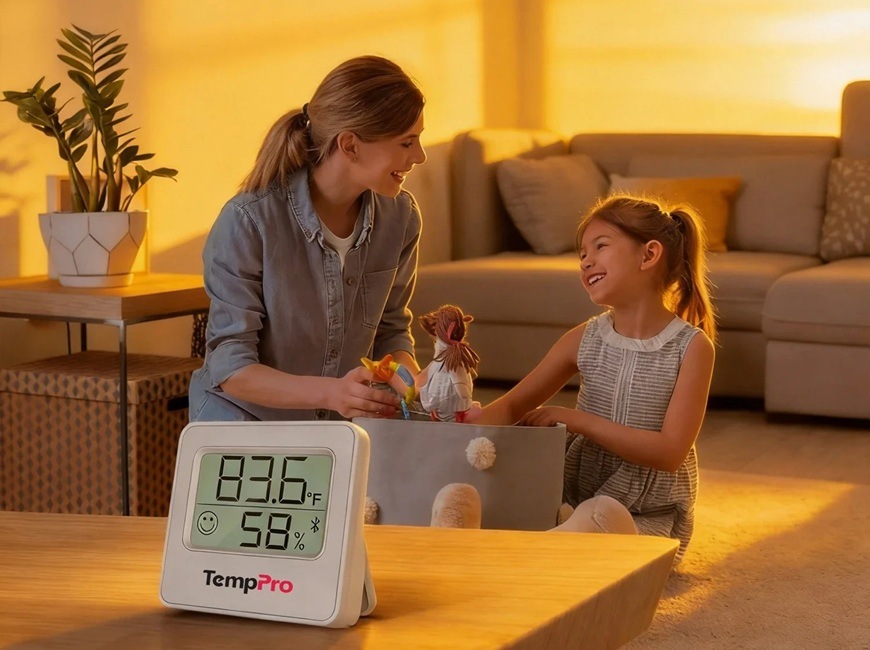 Teploměr ThermoPro TP-357 stříbrný/bílý Žena si hraje s holčičkou a s panenkami. Na stole stojí teploměr s vlhkoměrem ThermoPro v bílém provedení.