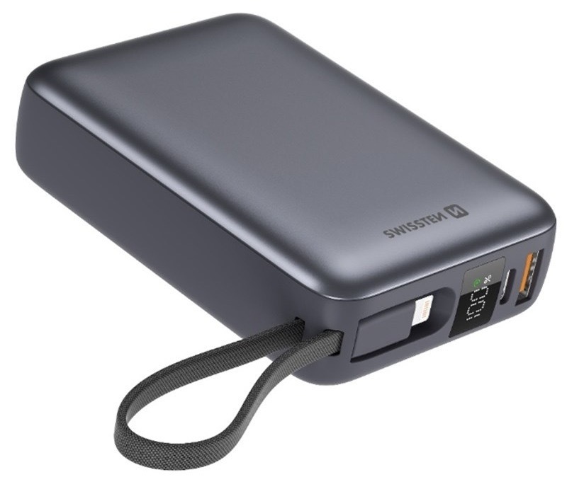 Powerbanka Swissten s integrovanými kabely USB-C a Lightning, 20000 mAh stříbrná
