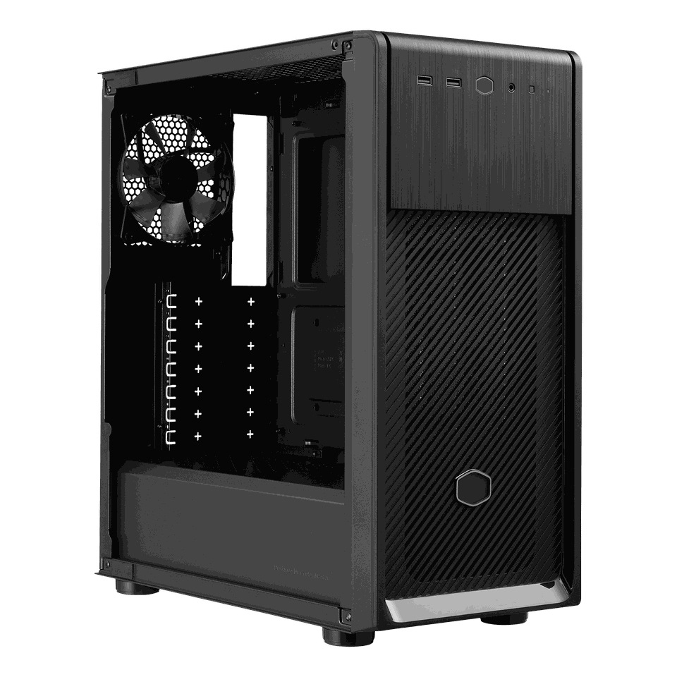  Elegantní černá počítačová skříň s předním síťovaným panelem, USB porty a viditelným ventilátorem uvnitř. Design je moderní a hranatý, s technologickým nádechem.
