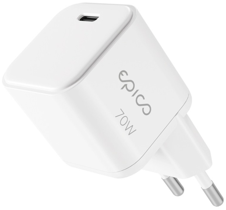 Bílý napájecí adaptér Epico UltraBoost Micro AVS GaN 70 W s USB-C portem a výkonem 70 W