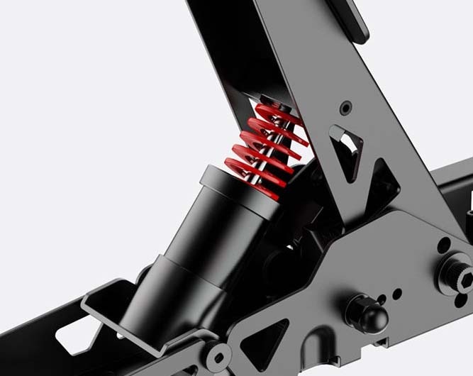Výkonnostní sada pro pedály Moza Racing SR-P Lite hliník Detailní záběr černého mechanického odpružení s jasně červenou vinutou pružinou. Design je elegantní a industriální a vyzařuje odolnost a pevnost.