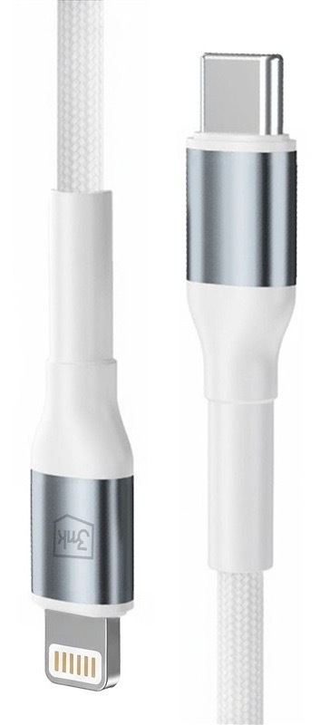 Nabíjecí kabel 3mk s konektory USB-C a Lightning, bílá barva