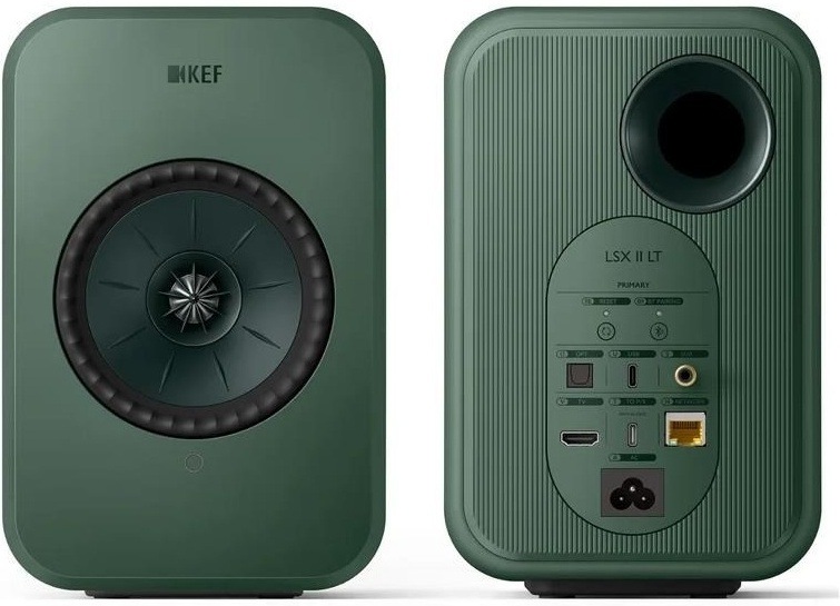 Reproduktory KEF LSX II LT (2 ks) zelené Dvojice reproduktorů KEF LSX II LT z obou stran, čelní i zadní pohled.