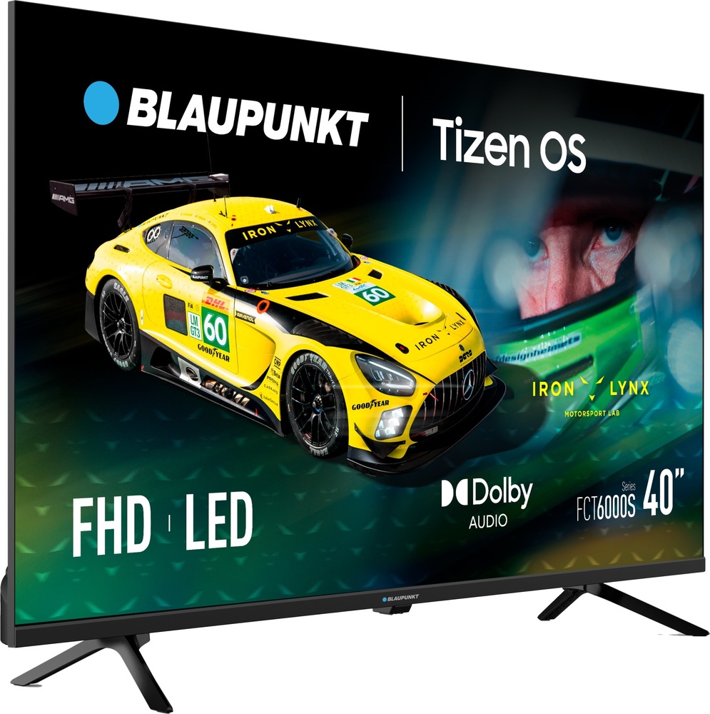 Televize Blaupunkt 40FCT6000S Televize Blaupunkt 40FCT6000S natočená mírně doprava, na obrazovce televize je závodní auto, logo Blaupunkt a logo Tizen OS