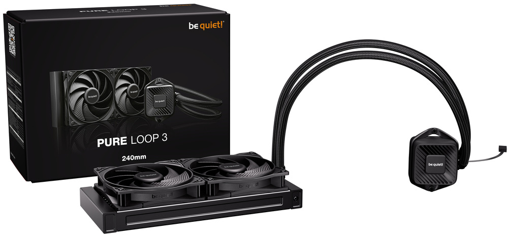 Vodní chladič be quiet! Pure Loop 3 240 černý Na obrázku je vodní chladič be quiet! Pure Loop 3 240 spolu s jeho balením. Vlevo stojí černá krabice s logem „be quiet!“ a nápisem PURE LOOP 3 240mm, na ní je vytištěná fotka chladiče. Před krabicí leží radiátor se dvěma černými ventilátory vedle sebe. Vpravo je pumpa/blok na procesor – malý černý čtverec se zaoblenými rohy a nápisem „be quiet!“, ke kterému vedou dvě dlouhé opletené hadice stočené do oblouku. Celá sestava je černá a působí jako kompletní vodní chlazení pro CPU.