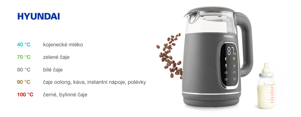 Rychlovarná konvice Hyundai VK670 sklo Infografika rychlovarné konvice Hyundai VK670 s přehledem nastavení teplot: 40 °C pro kojenecké mléko, 70 °C pro zelené čaje, 80 °C pro bílé čaje, 90 °C pro oolong, kávu a polévky, 100 °C pro černé a bylinné čaje. Vedle konvice je zobrazena kojenecká lahvička a kávová zrna