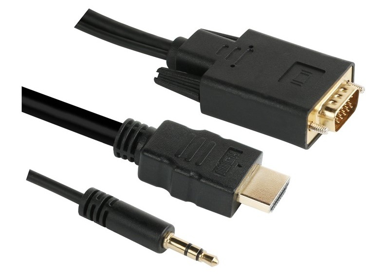 Detail na pozlacené konektory kabelu GoGEN HDMI / VGA vč. Jack 3,5 mm