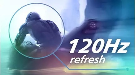 Futuristická postava jede na motorce, zvýrazněná efektem kruhové čočky. Text „120Hz refresh“ je tučný a vyjadřuje rychlost a jasnost.