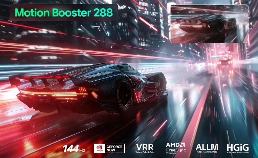 Hraní je plynulé díky 144 Hz, VRR a FreeSync Premium bez trhání i v rychlých akčních scénách.