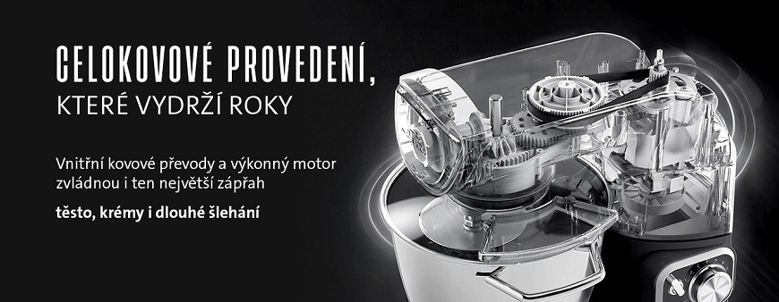 Průhledný pohled na vnitřní kovové převody kuchyňského robota ETA Gratus. Text "Celokovové provedení, které vydrží roky" a "Vnitřní kovové převody a výkonný motor zvládnou i ten největší zápřah těsto, krémy i dlouhé šlehání."