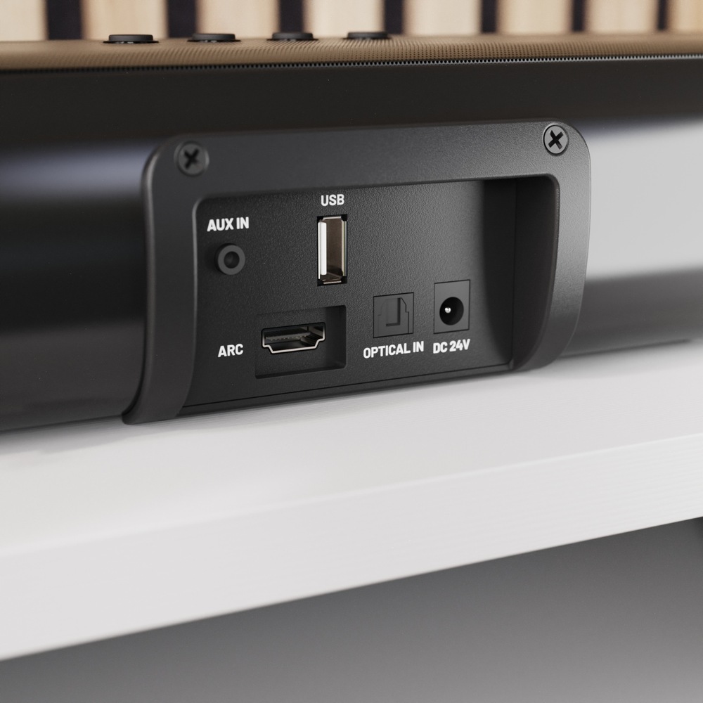 Soundbar Majority Naga černý Zadní konektory soundbaru: AUX, USB, HDMI ARC, optický vstup a napájení.