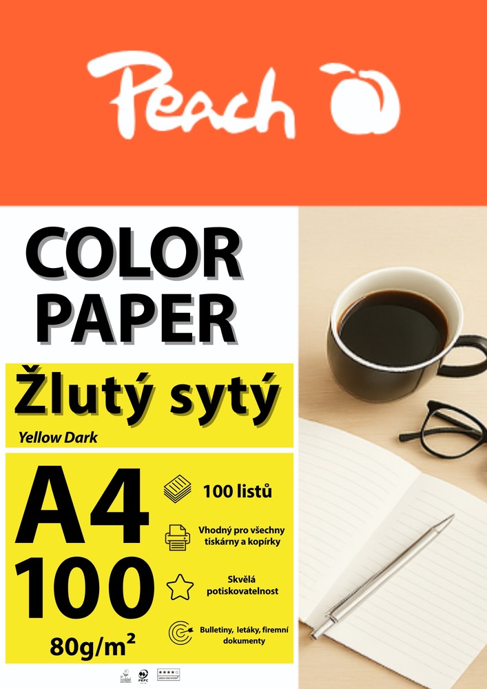 Papíry do tiskárny Peach Color A4 - 100 listů (syté) žluté Papíry do tiskárny Peach Color A4 - 100 listů (syté) žluté