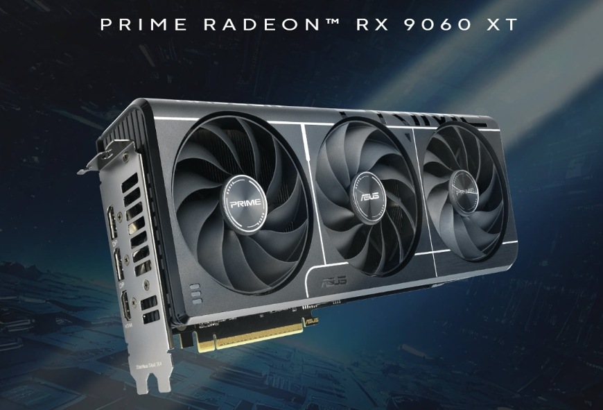 Asus Prime Radeon RX 9060 XT vystavená v futuristickém světle, připravená na plynulé hraní
