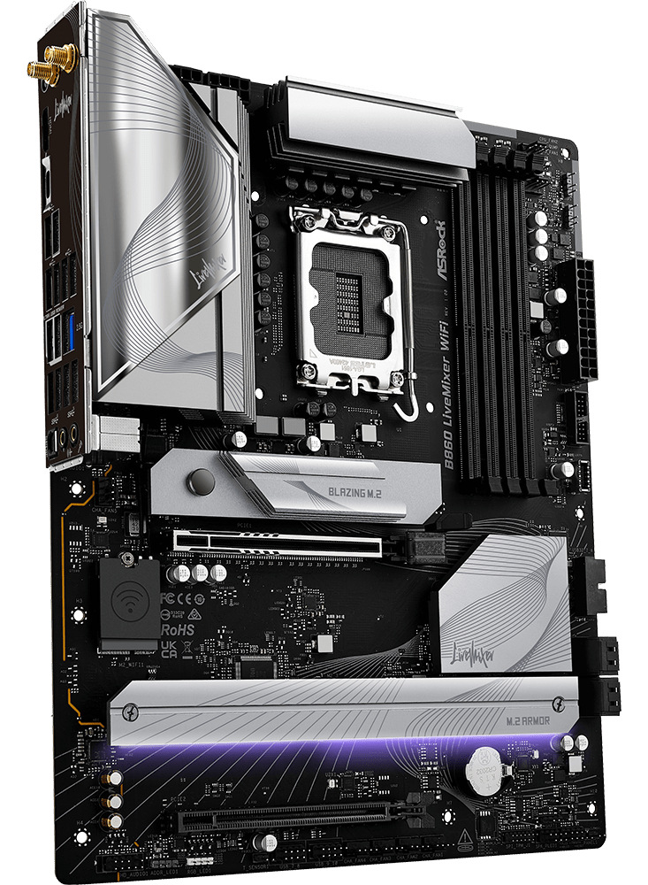 Základní deska ASRock B860 LiveMixer WiFi v moderním černo-stříbrném designu s výraznými chladiči a podporou DDR5 pamětí