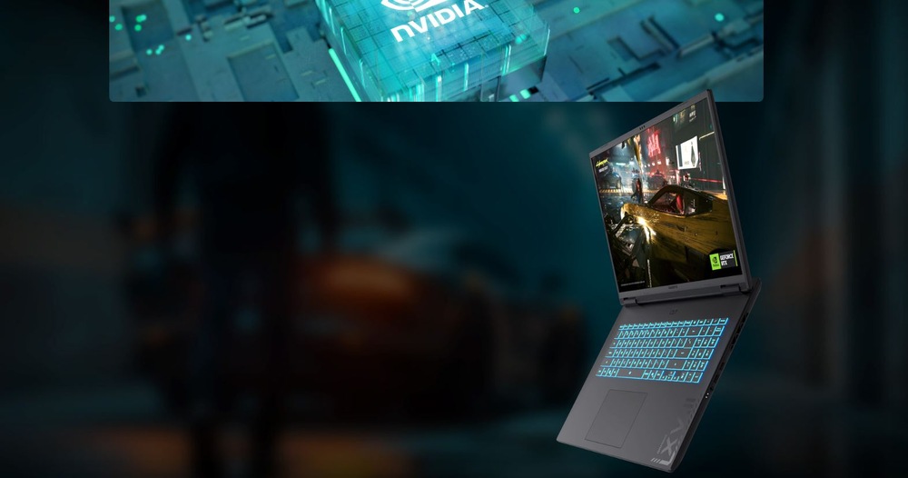 Notebook GIGABYTE GAMING A18 3VHK3CZC94SH černý Herní notebook se svítící klávesnicí v barvě tyrkysové modři zobrazuje na obrazovce závodní hru. Nahoře je osvětlené logo Nvidia na pozadí.