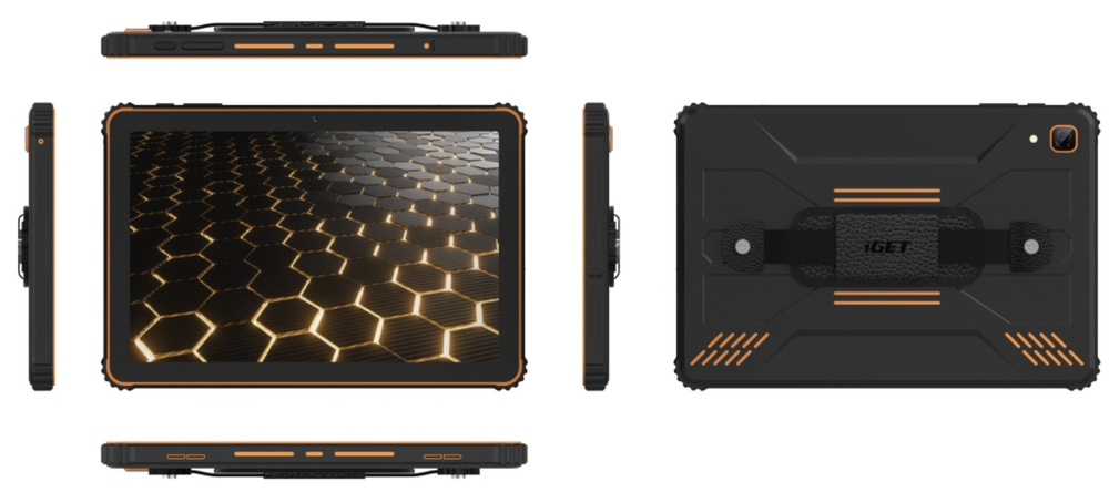 Dotykový tablet iGET Smart RT2 6 GB / 128 GB černý/oranžový Černo-oranžový tablet iGET Smart RT2 zobrazený zepředu, zezadu a ze všech bočních stran