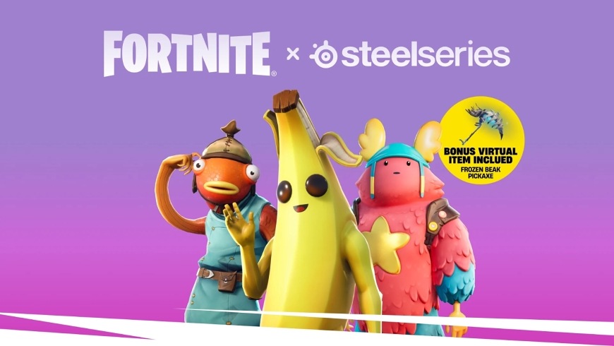 Grafika Fortnite x SteelSeries s postavami Fishstick, Peely a Guff a bonusem v podobě krumpáče Frozen Beak