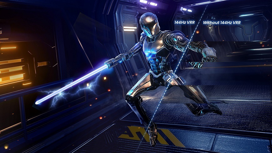 Rychle se pohybující herní postava drží svítící meč. 144Hz VRR zajistí ostrý obraz i v akčních scénách.