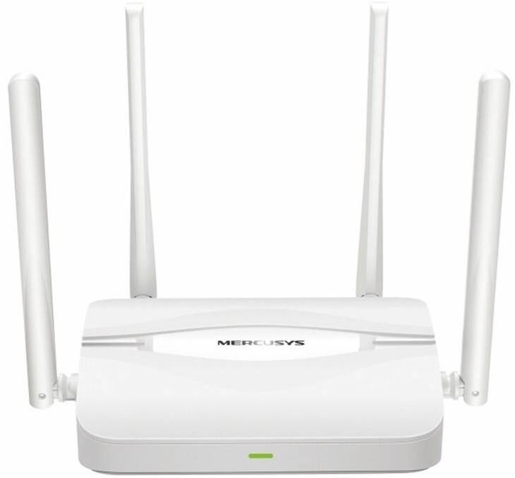 Wi-Fi 7 router Mercusys MR25WBE v bílém provedení se čtyřmi anténami, pohled zepředu na zařízení