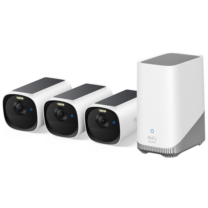 Sada obsahuje tři IP kamery Anker eufy E40 a centrální jednotku HomeBase 3