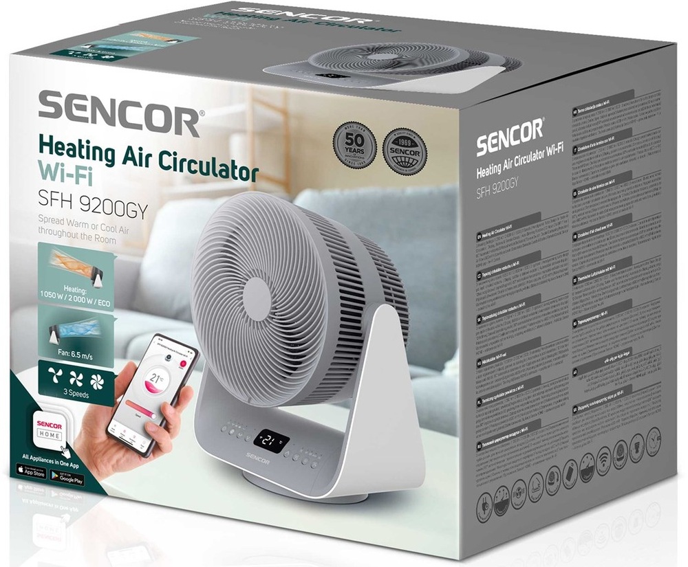 Teplovzdušný ventilátor Sencor SFH 9200GY šedý Krabice teplovzdušného cirkulátoru Sencor SFH 9200GY Wi-Fi s popisem výkonu 2000 W a ovládání přes aplikaci.