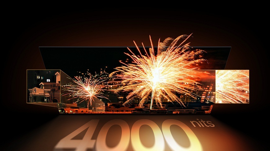 Televize Hisense 85UR8S ohňostroj a noční scény na televizních obrazovkách s jasem 4000 nitů
