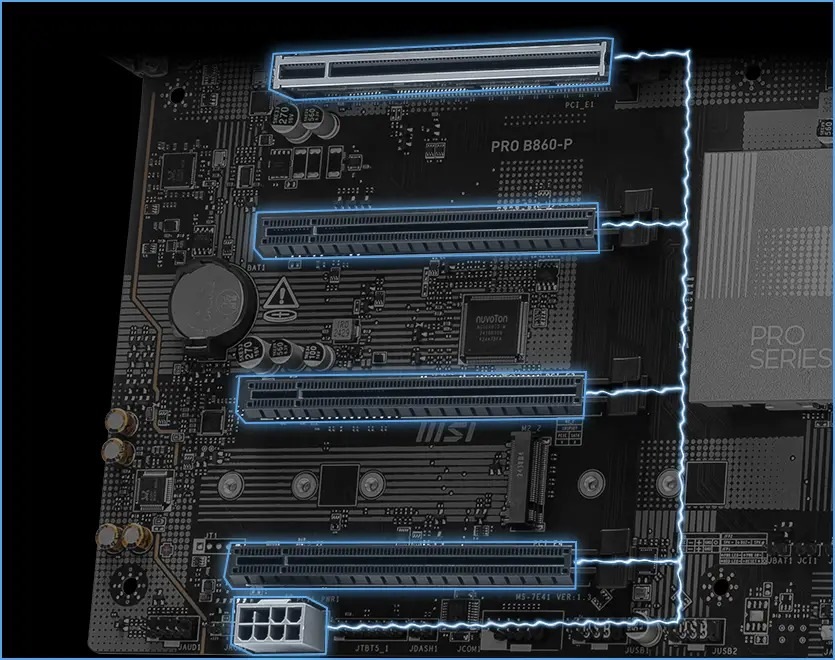 Detailní záběr základní desky s vyznačenými PCI sloty a modře svítícími obvody. Design působí technicky a moderně a vyzařuje inovativnost.