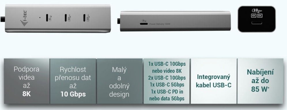 Na obrázku je reklamní přehled USB-C hubu i-tec na světlém pozadí. Nahoře je velký český nápis „5 portů pro rychlé a efektivní připojení“ a pod ním několik pohledů na samotný stříbrný hub – zepředu, z boku i na čelní stranu s video portem. Dole je řada informačních polí, která shrnují hlavní vlastnosti: podpora videa až do 8K, přenos dat až 10 Gb/s, malé a odolné provedení, integrovaný USB-C kabel a nabíjení až do 85 W. Uprostřed je také stručně vypsané rozložení portů, tedy kombinace USB-C konektorů pro data, video i napájení.