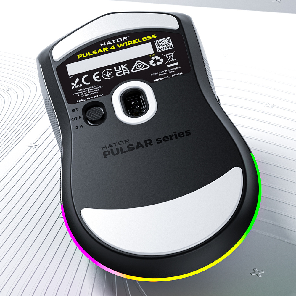 Myš HATOR Pulsar 4 černá Spodní strana HATOR Pulsar 4 Wireless s kluznými plochami a přepínačem připojení