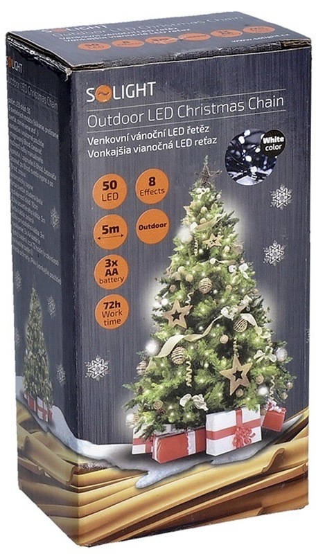Vánoční osvětlení Solight řetěz, 50LED, 5+3 m, 8 funkcí, IP44. 3x AA, studená bílá