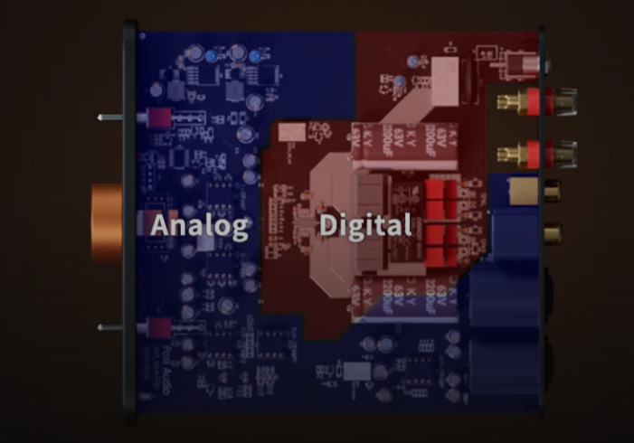 Fosi Audio ZA3-48V má oddělené digitální a analogové části