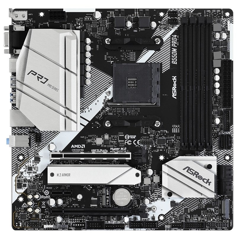 Základní deska ASRock B550M PRO4 Základní deska ASRock B550M PRO4 v černé a stříbrné barvě.