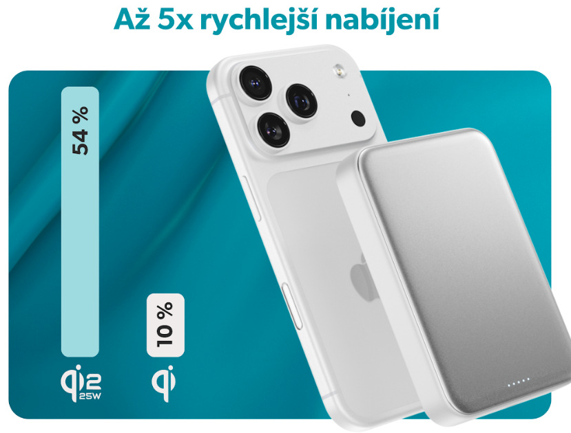 Powerbanka Epico UltraPack Qi2 25W 10000mAh hliníková Mag+ EM75 stříbrná Srovnání rychlosti Qi2 nabíjení 25 W u powerbanky Epico UltraPack EM75