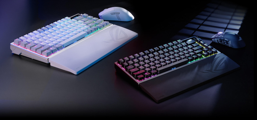 Opěrka zápěstí Asus ROG Keyboard Wrist Rest – použití s herní klávesnicí a myší v RGB podsvícené sestavě