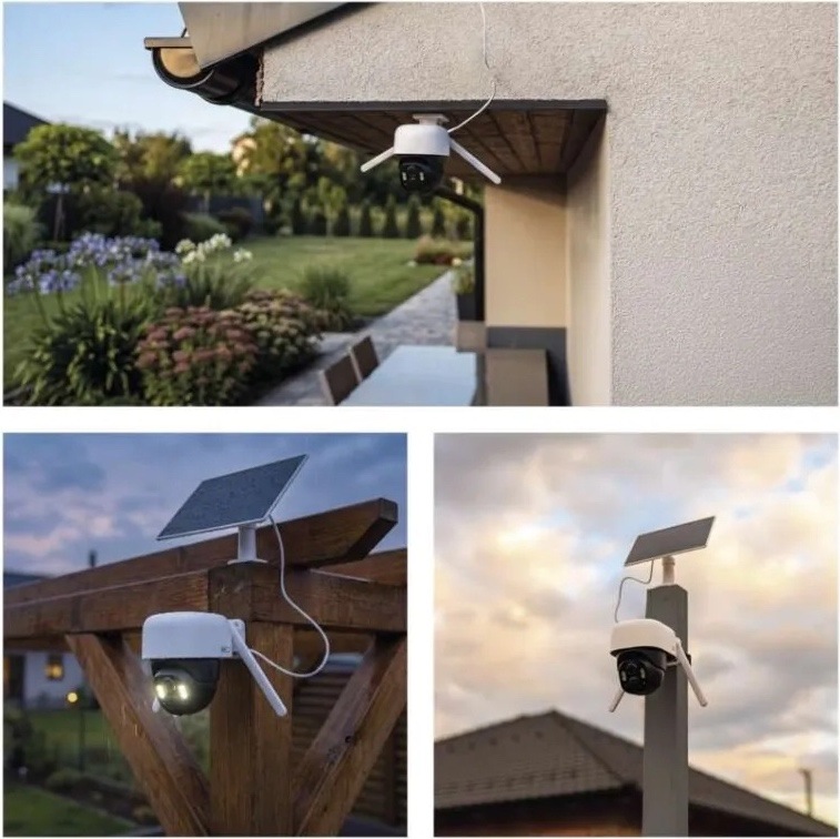 IP kamera EMOS GOSMART venkovní, Wi-Fi IP-1200 WASP 5MPX bílá Koláž tří ukázek instalace otočné kamery EMOS GoSmart se solárním panelem. Kamera je umístěná pod střechou domu, na dřevěné konstrukci a na sloupku, vždy propojená kabelem se solárním panelem.