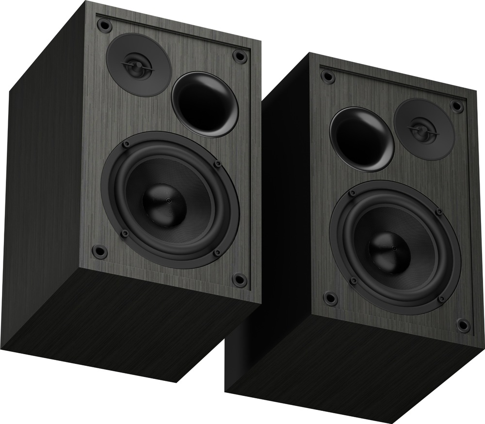 Reproduktory Genesis Arsen 302BT, 20 W černé Dva černé reproduktory Genesis bez předních mřížek, vyfotografované šikmo zespodu. Na čelní straně každého je velký basový reproduktor, menší výškový reproduktor a kruhový otvor bassreflexu.