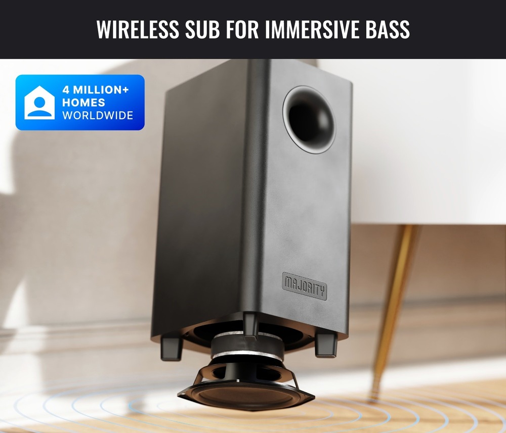 Soundbar Majority Halo 5.1 Atmos černý Na obrázku se nachází subwoofer, který dodá hluboké basy.
