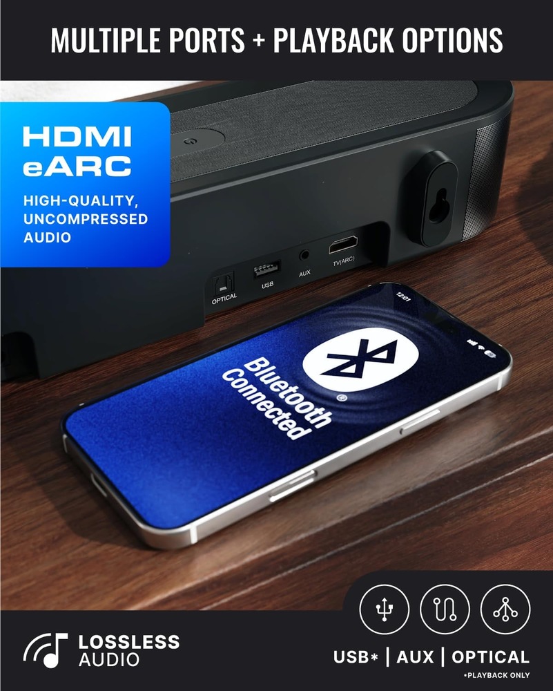 Soundbar Majority Bowfell Axis 2.1 černý Zadní strana soundbaru Majority Bowfell Axis 2.1 s konektory HDMI eARC, optickým vstupem, USB, AUX a bezdrátovým připojením Bluetooth