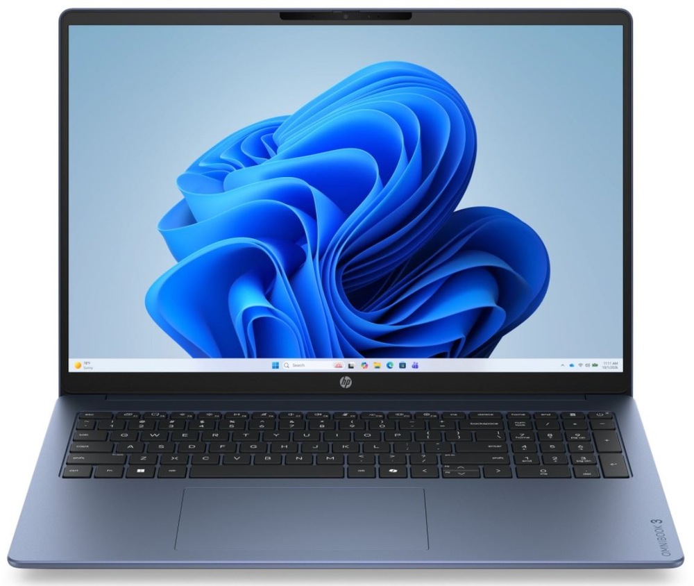 Notebook HP OmniBook 3 16-bu0013ncx + Game Pass předplatné na 2 měsíce modrý Notebook HP OmniBook 3 s otevřeným displejem a klávesnicí zepředu