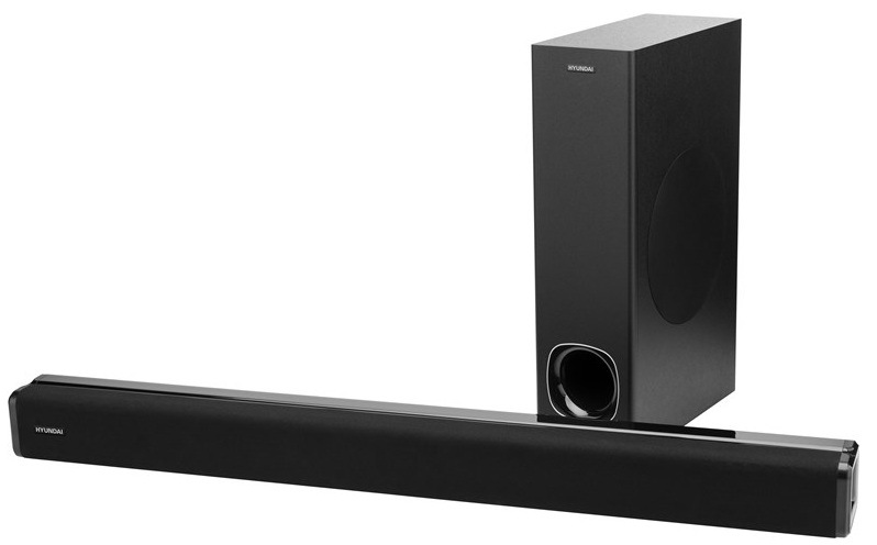 Černý soundbar Hyundai SB 940 B se samostatným bezdrátovým subwooferem na bílém pozadí