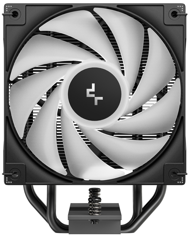 Chladič CPU DeepCool AG400 ARGB V2 černý Čelní foto ventilátoru. Detailní pohled na tvar lopatek, za nimi prosvítá žebrování chladiče.