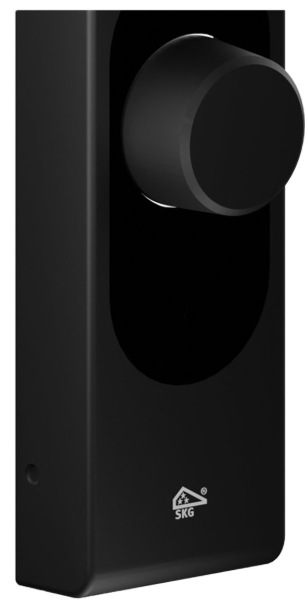 Zámek Shelly Smart Loqed Touch černý Detail černého těla zámku Shelly Smart Loqed Touch s otočným knoflíkem a logem certifikace SKG