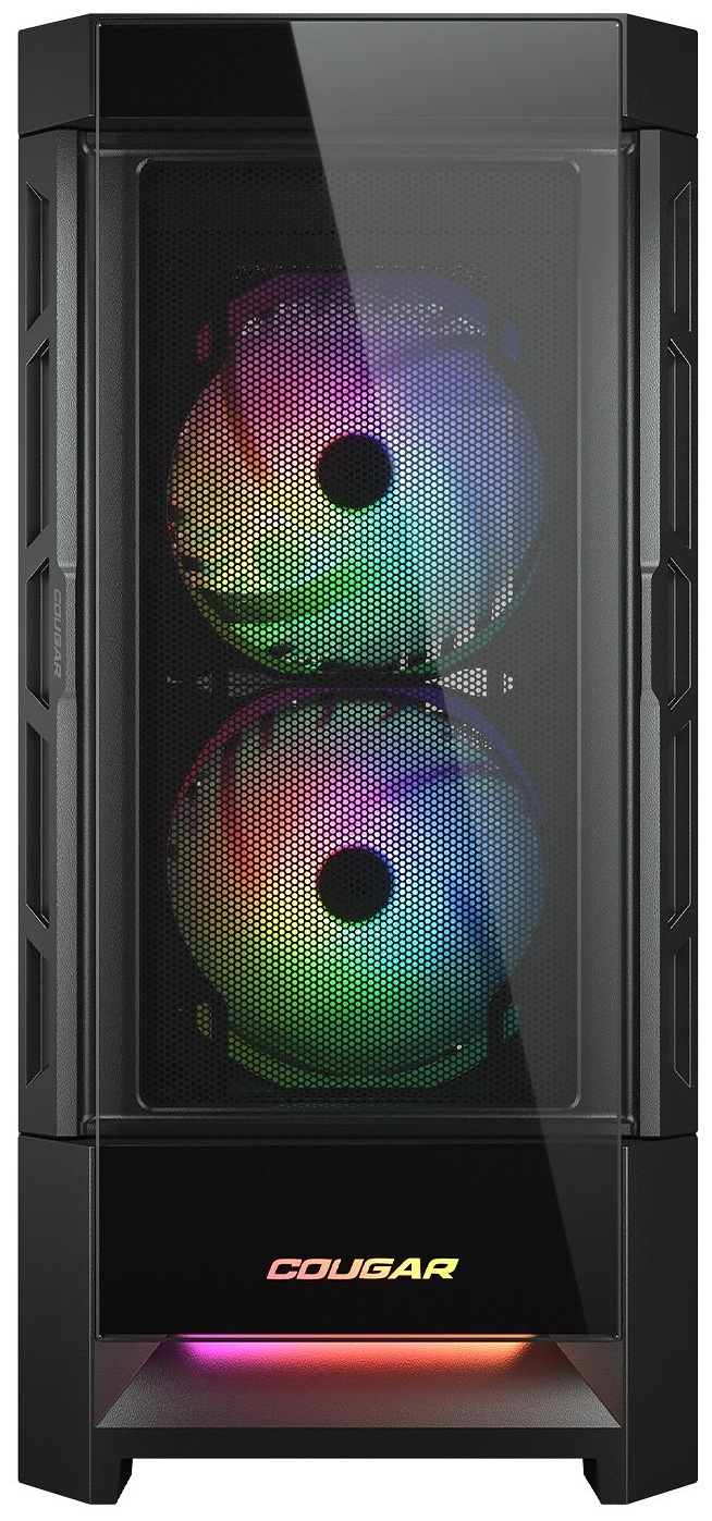 Case Cougar DUOFACE RGB černá Pohled zepředu na černou skříň, kde za předním panelem svítí dva velké ARGB ventilátory. Ve spodní části je logo COUGAR.