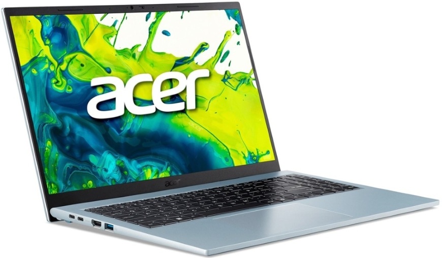 Pohled šikmo z boku na laptop Acer Aspire Go 15 s praktickými porty